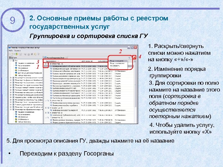 9 2. Основные приемы работы с реестром государственных услуг Группировка и сортировка списка ГУ