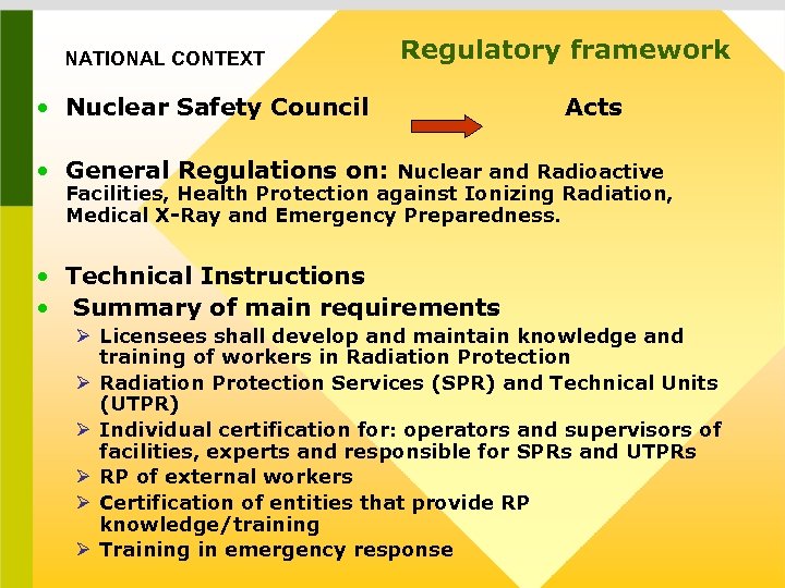 NATIONAL CONTEXT Regulatory framework • Nuclear Safety Council Acts • General Regulations on: Nuclear