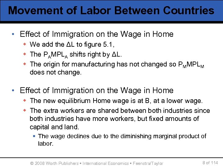 Movement of Labor Between Countries • Effect of Immigration on the Wage in Home