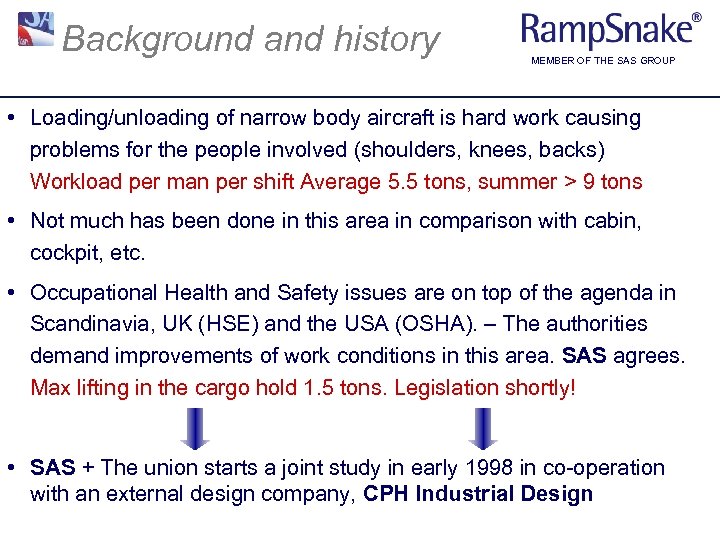 Background and history MEMBER OF THE SAS GROUP • Loading/unloading of narrow body aircraft