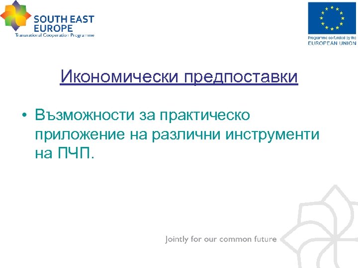 Икономически предпоставки • Възможности за практическо приложение на различни инструменти на ПЧП. 