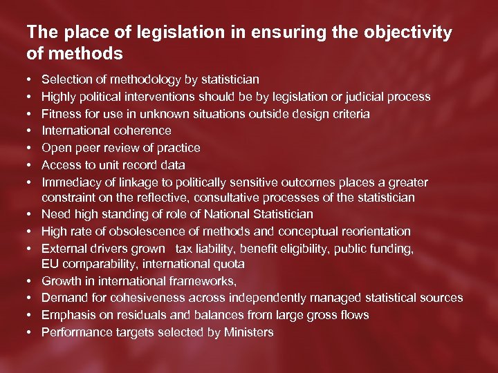 The place of legislation in ensuring the objectivity of methods • • • •