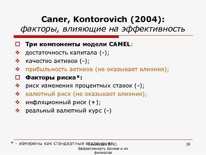 Caner, Kontorovich (2004): факторы, влияющие на эффективность o v v v v Три компоненты