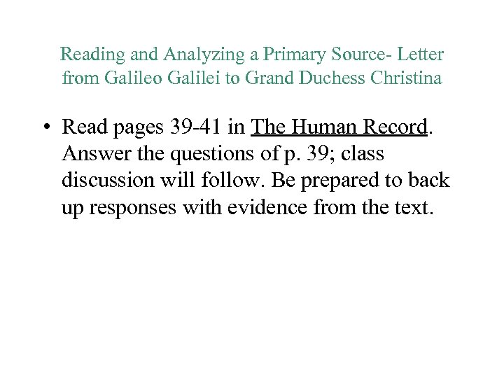 Reading and Analyzing a Primary Source- Letter from Galileo Galilei to Grand Duchess Christina