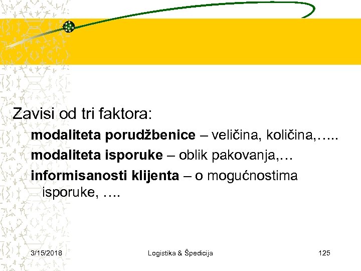 Zavisi od tri faktora: modaliteta porudžbenice – veličina, količina, …. . modaliteta isporuke –