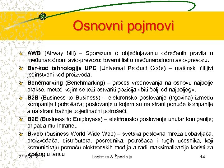 Osnovni pojmovi AWB (Airway bill) – Sporazum o objedinjavanju određenih pravila u međunarodnom avio-prevozu;