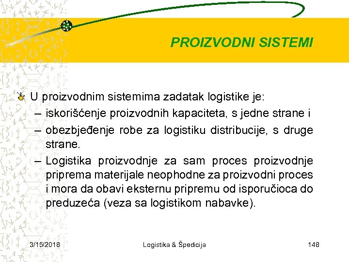 PROIZVODNI SISTEMI U proizvodnim sistemima zadatak logistike je: – iskorišćenje proizvodnih kapaciteta, s jedne