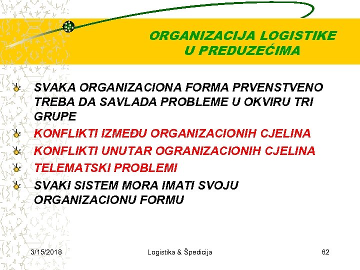 ORGANIZACIJA LOGISTIKE U PREDUZEĆIMA SVAKA ORGANIZACIONA FORMA PRVENSTVENO TREBA DA SAVLADA PROBLEME U OKVIRU