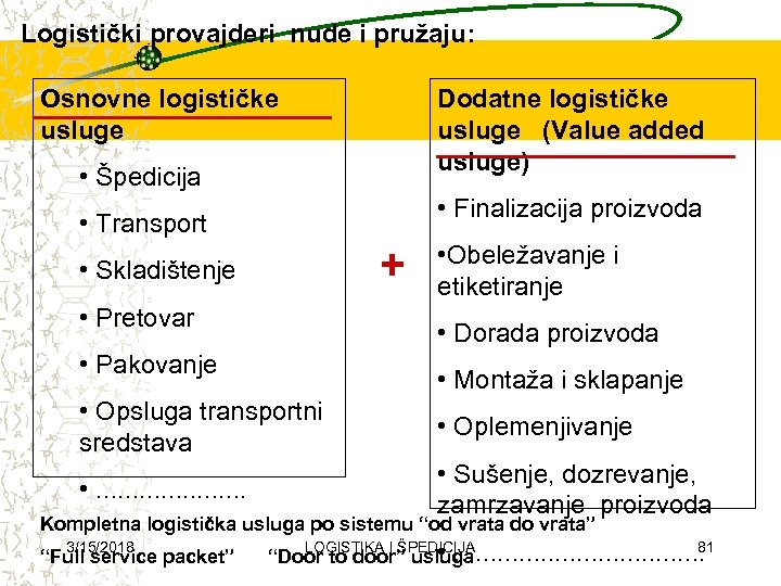 Logistički provajderi nude i pružaju: Osnovne logističke usluge Dodatne logističke usluge (Value added usluge)