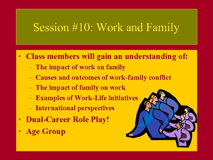 Session #10: Work and Family • Class members will gain an understanding of: –
