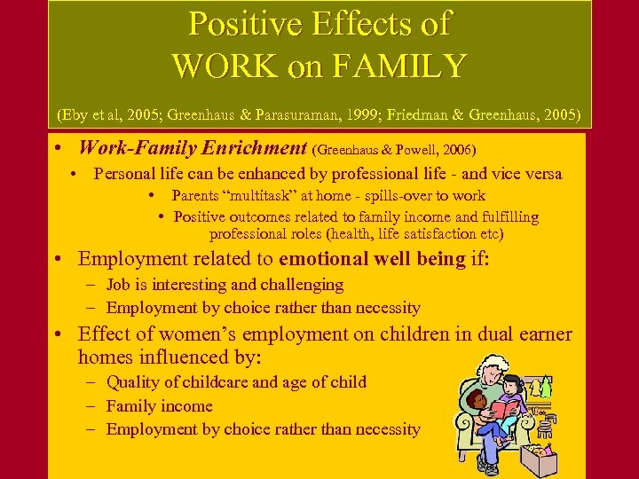Positive Effects of WORK on FAMILY (Eby et al, 2005; Greenhaus & Parasuraman, 1999;