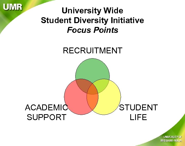 University Wide Student Diversity Initiative Focus Points RECRUITMENT ACADEMIC SUPPORT STUDENT LIFE 