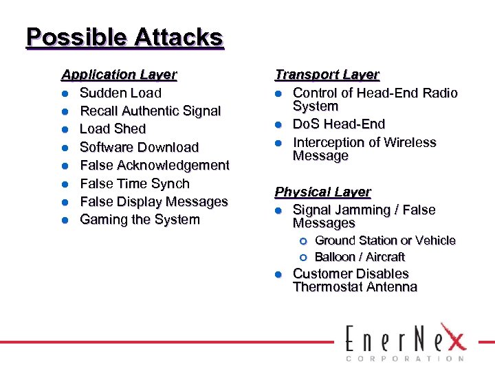 Possible Attacks Application Layer l Sudden Load l Recall Authentic Signal l Load Shed