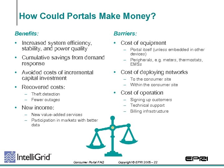 How Could Portals Make Money? Benefits: Barriers: • Increased system efficiency, stability, and power