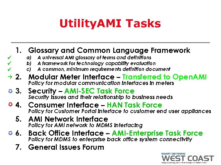 Utility. AMI Tasks 1. Glossary and Common Language Framework a) b) c) A universal