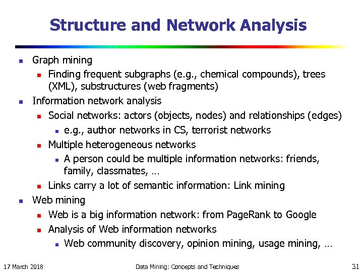 Structure and Network Analysis n n n Graph mining n Finding frequent subgraphs (e.