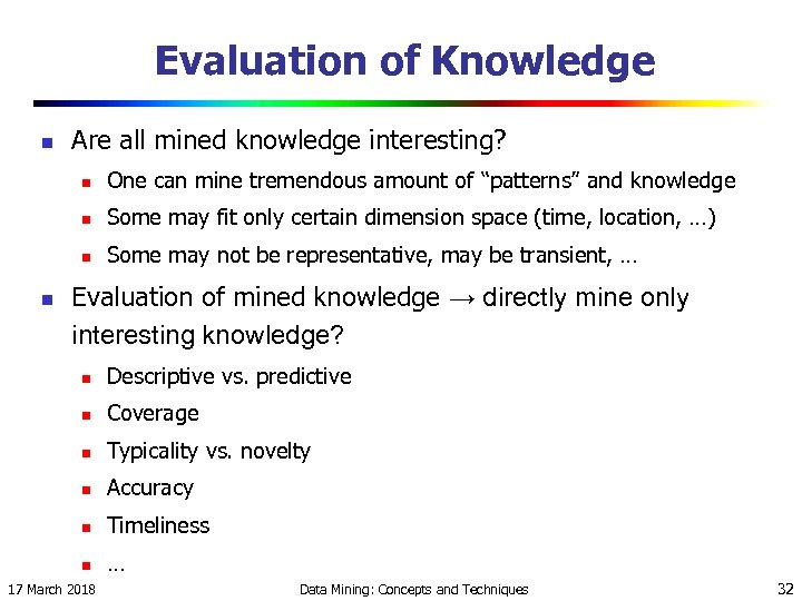 Evaluation of Knowledge n Are all mined knowledge interesting? n n Some may fit