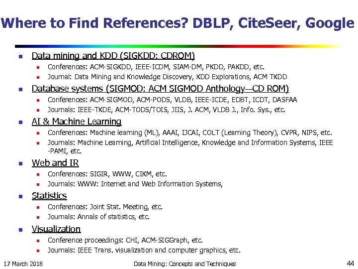 Where to Find References? DBLP, Cite. Seer, Google n Data mining and KDD (SIGKDD: