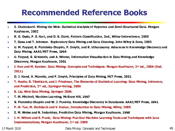 Recommended Reference Books n S. Chakrabarti. Mining the Web: Statistical Analysis of Hypertex and