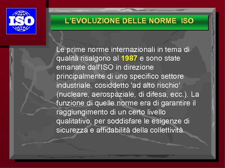 1987 L’EVOLUZIONE DELLE NORME ISO Le prime norme internazionali in tema di qualità risalgono