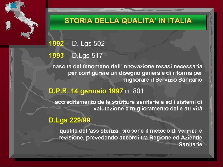 STORIA DELLA QUALITA’ IN ITALIA 1992 - D. Lgs 502 1993 - D. Lgs