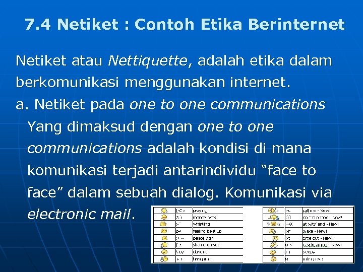 7. 4 Netiket : Contoh Etika Berinternet Netiket atau Nettiquette, adalah etika dalam berkomunikasi