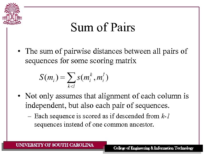 Sum of Pairs • The sum of pairwise distances between all pairs of sequences