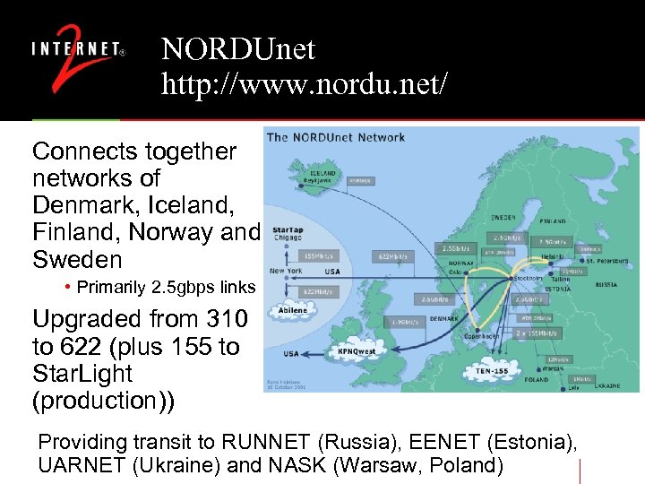 NORDUnet http: //www. nordu. net/ Connects together networks of Denmark, Iceland, Finland, Norway and