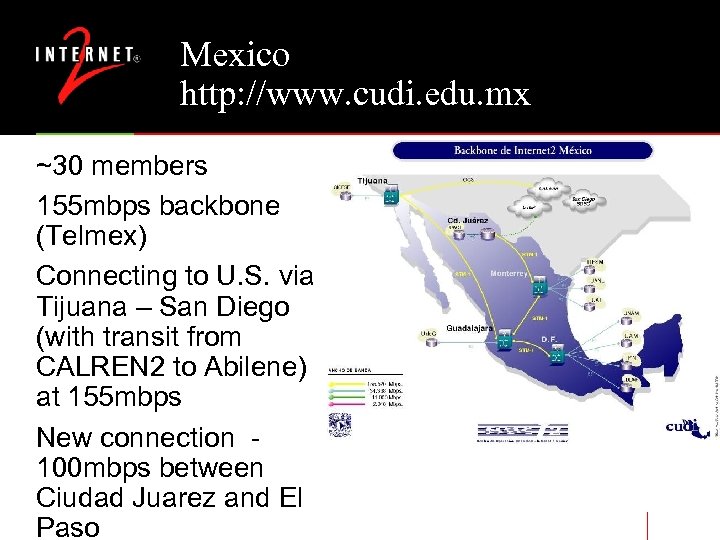 Mexico http: //www. cudi. edu. mx ~30 members 155 mbps backbone (Telmex) Connecting to