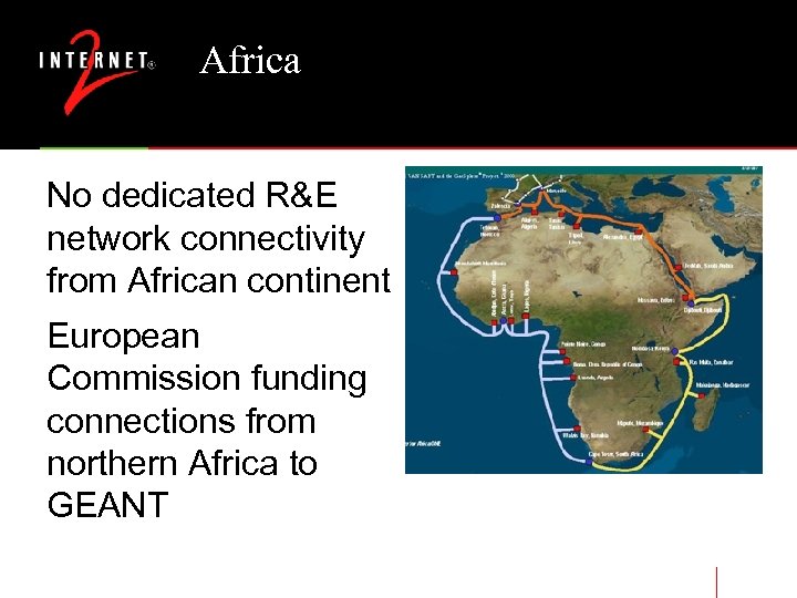 Africa No dedicated R&E network connectivity from African continent European Commission funding connections from