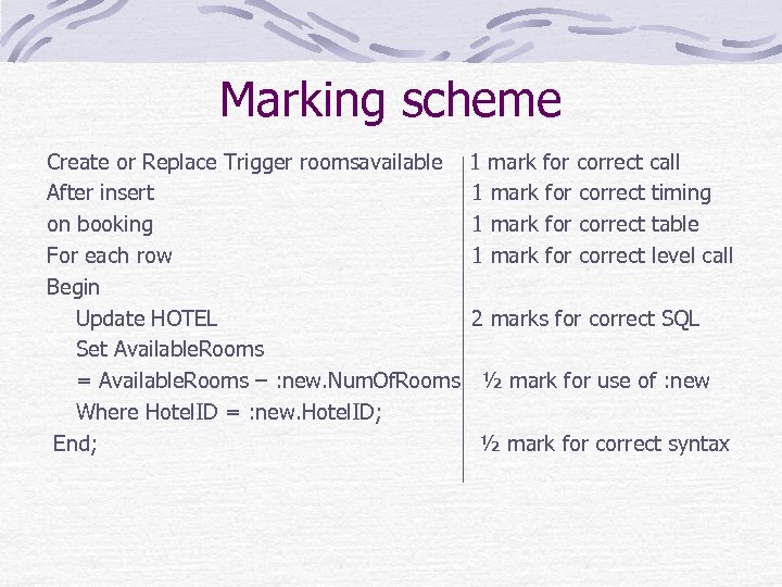 Marking scheme Create or Replace Trigger roomsavailable 1 mark for correct call After insert