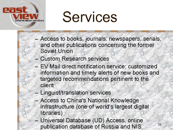 Services – Access to books, journals, newspapers, serials, and other publications concerning the former