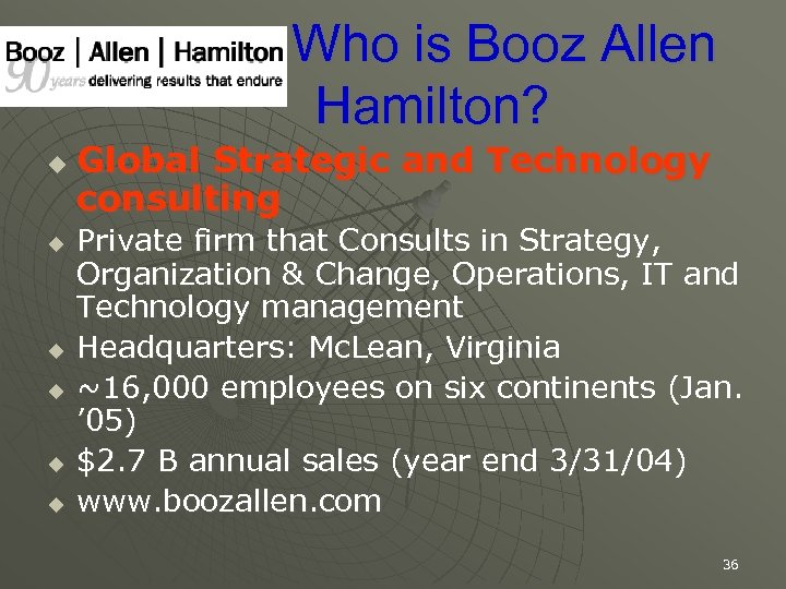 Who is Booz Allen Hamilton? u u u Global Strategic and Technology consulting Private