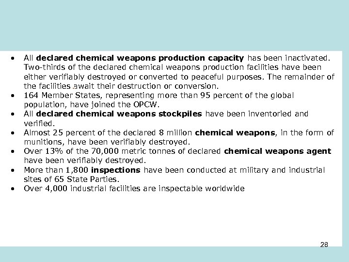  • All declared chemical weapons production capacity has been inactivated. Two-thirds of the