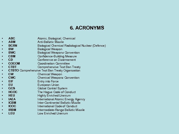 6. ACRONYMS • • • • • • ABC Atomic, Biological, Chemical ABM Anti-Ballistic