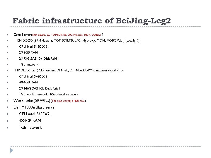 Fabric infrastructure of Bei. Jing-Lcg 2 Core Server(SRM-dcache, CE, TOP-BDII, RB, LFC, Myproxy, MON,