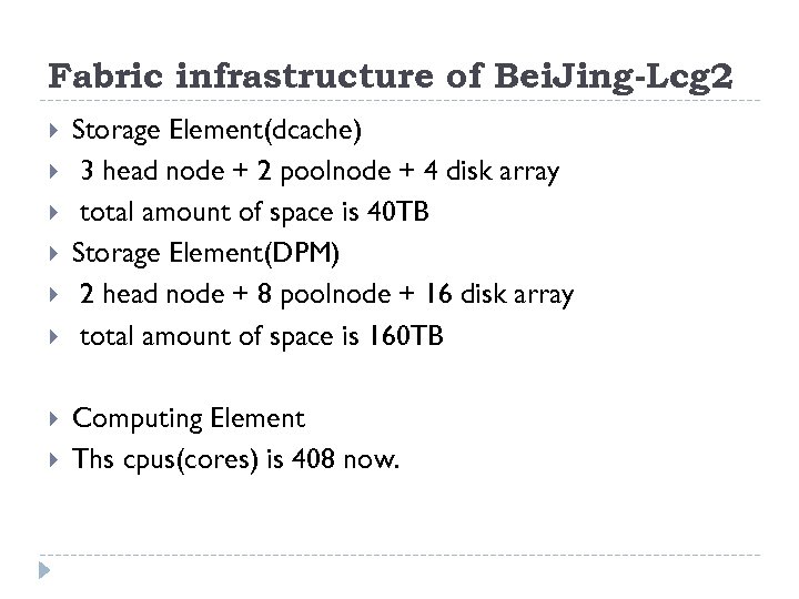 Fabric infrastructure of Bei. Jing-Lcg 2 Storage Element(dcache) 3 head node + 2 poolnode