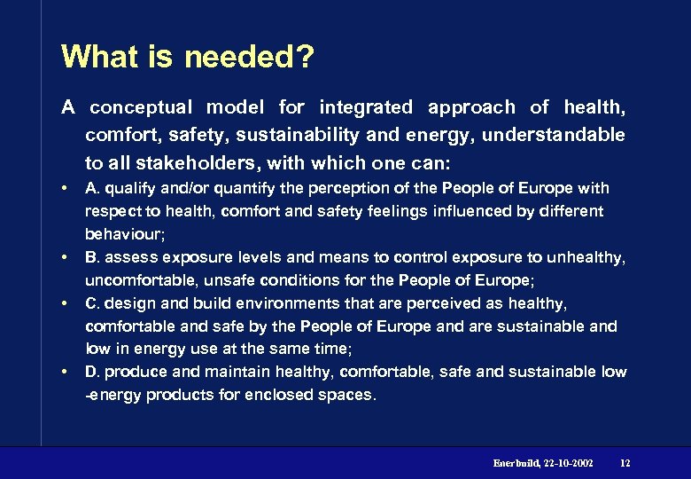 What is needed? A conceptual model for integrated approach of health, comfort, safety, sustainability