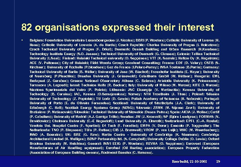 82 organisations expressed their interest • Belgium: Foundation Universitaire Luxembourgeoise (J. Nicolas); BBRI (P.