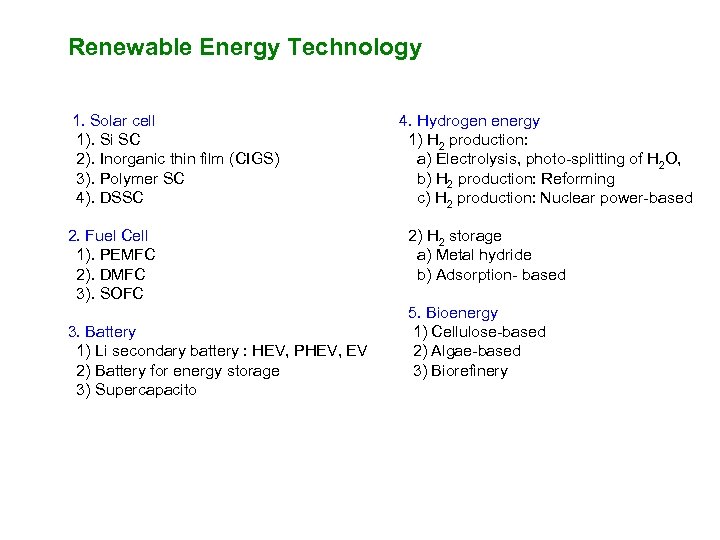 Renewable Energy Technology 1. Solar cell 1). Si SC 2). Inorganic thin film (CIGS)