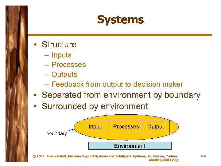 Systems • Structure – – Inputs Processes Outputs Feedback from output to decision maker