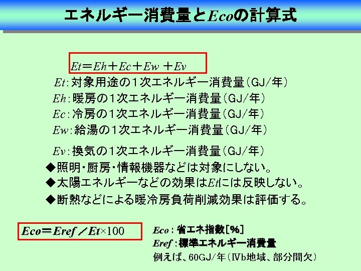 エネルギー消費量とEcoの計算式 Et＝Eh＋Ec＋Ew ＋Ev 　　Et：対象用途の１次エネルギー消費量（GJ/年） 　Eh：暖房の１次エネルギー消費量（GJ/年） 　Ec：冷房の１次エネルギー消費量（GJ/年） 　Ew：給湯の１次エネルギー消費量（GJ/年） 　　 　Ev：換気の１次エネルギー消費量（GJ/年） ◆照明・厨房・情報機器などは対象にしない。 ◆太陽エネルギーなどの効果はEtには反映しない。 ◆断熱などによる暖冷房負荷削減効果は評価する。 Eco＝Eref ／Et×