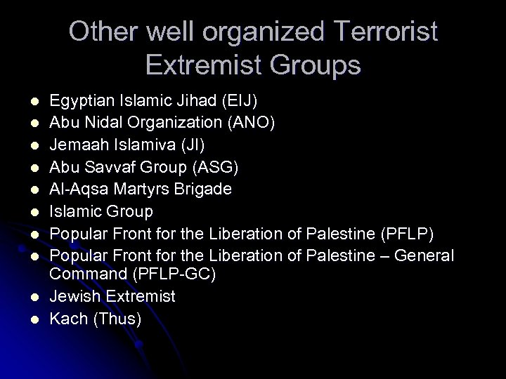 Other well organized Terrorist Extremist Groups l l l l l Egyptian Islamic Jihad