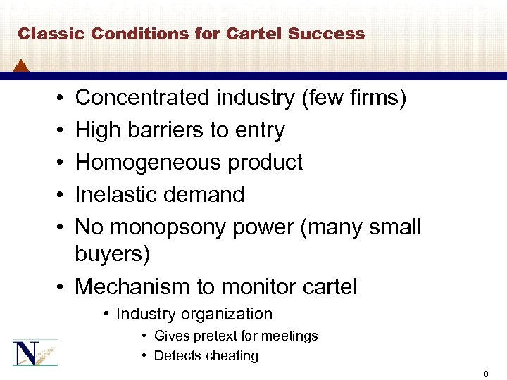 Classic Conditions for Cartel Success • • • Concentrated industry (few firms) High barriers