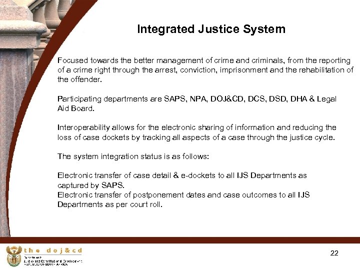 22 Integrated Justice System Focused towards the better management of crime and criminals, from