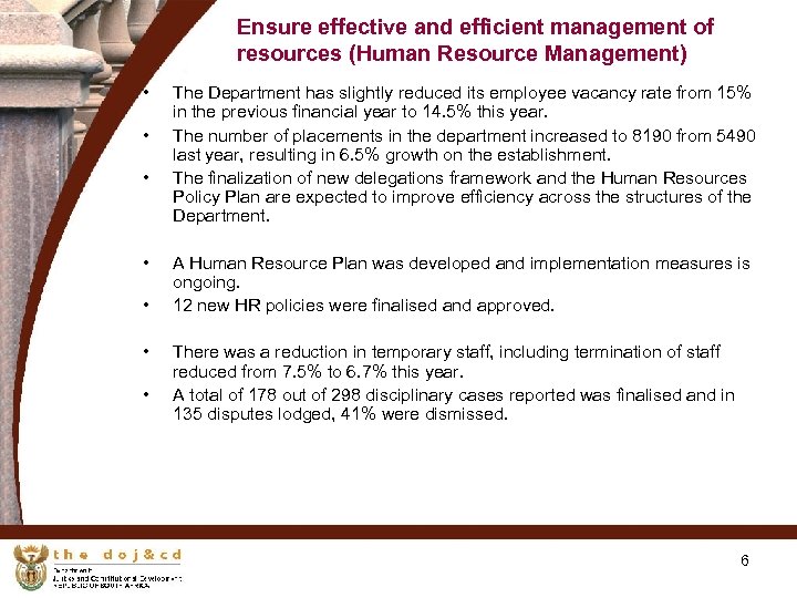 Ensure effective and efficient management of resources (Human Resource Management) • • The Department