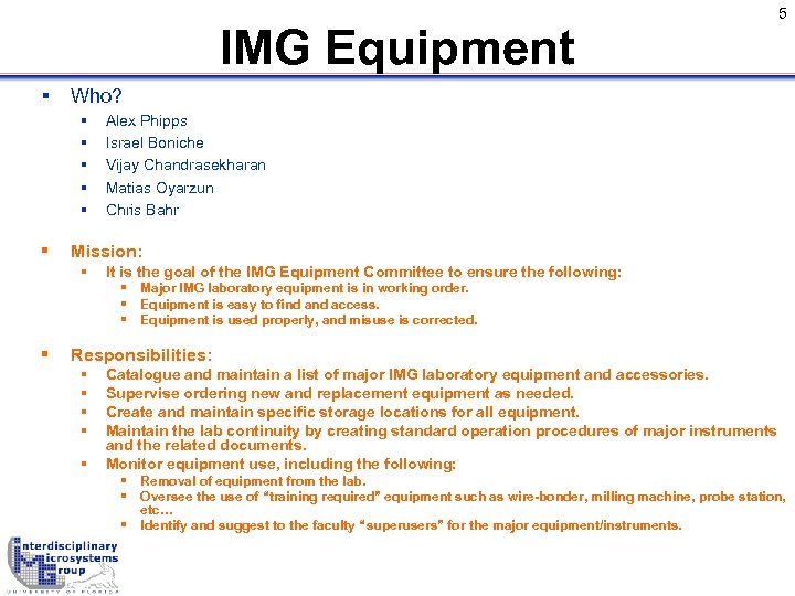 IMG Equipment § Who? § § § 5 Alex Phipps Israel Boniche Vijay Chandrasekharan