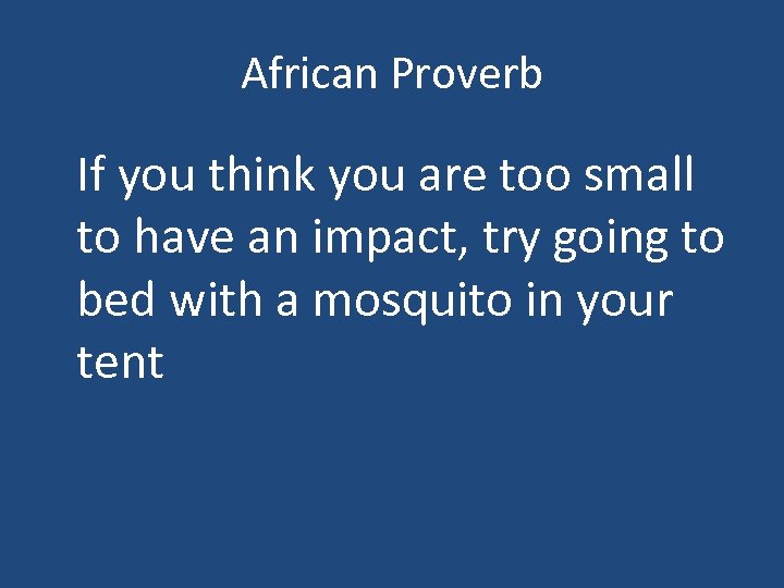 African Proverb If you think you are too small to have an impact, try