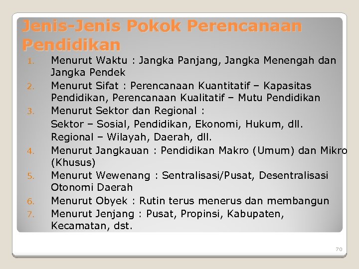 Jenis-Jenis Pokok Perencanaan Pendidikan 1. 2. 3. 4. 5. 6. 7. Menurut Waktu :