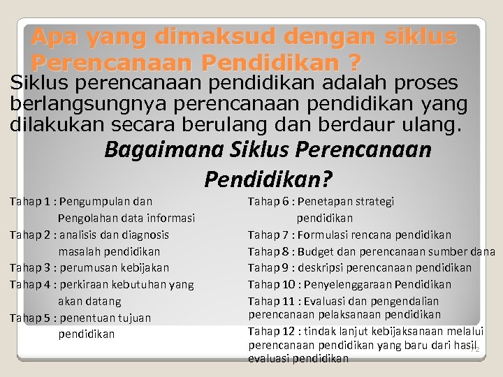 Apa yang dimaksud dengan siklus Perencanaan Pendidikan ? Siklus perencanaan pendidikan adalah proses berlangsungnya